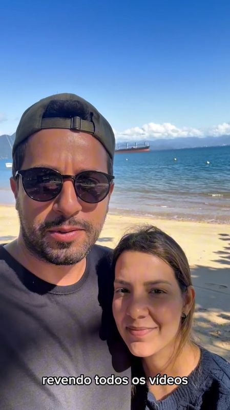 Renan e Mariana gravando depoimento em vídeo para a Banda Prime na Fazenda Alvorada