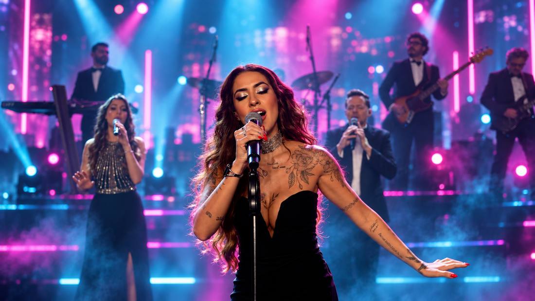 Bia Morais, cantora da Banda Prime, em vestido preto de gala cantando com a banda ao fundo