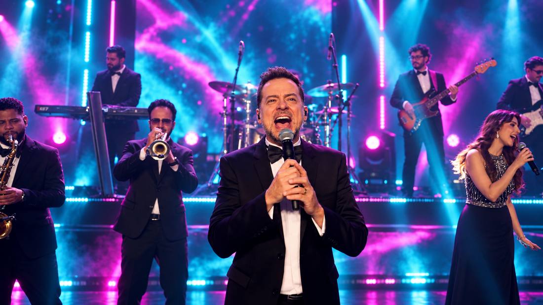 Banda Prime completa de black-tie em casamento, com vocalista à frente, naipe de metais e cantora no palco iluminado