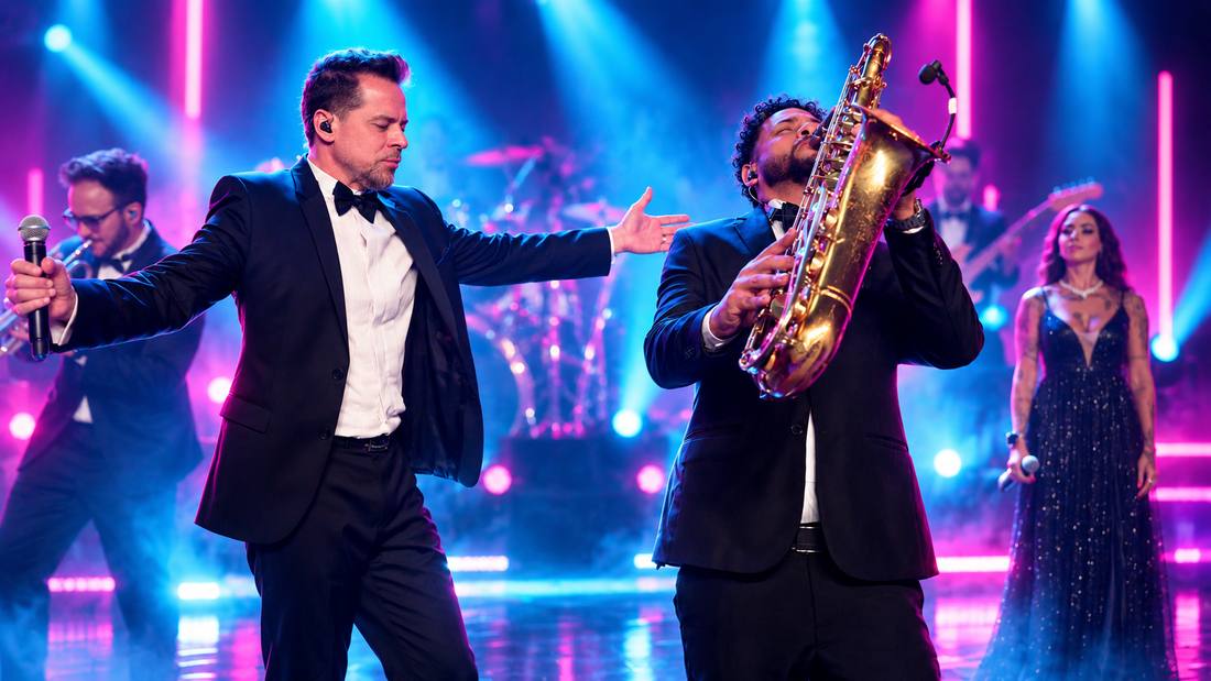 Vocalista da Banda Prime dançando de smoking ao lado do saxofonista em solo, com a banda ao fundo