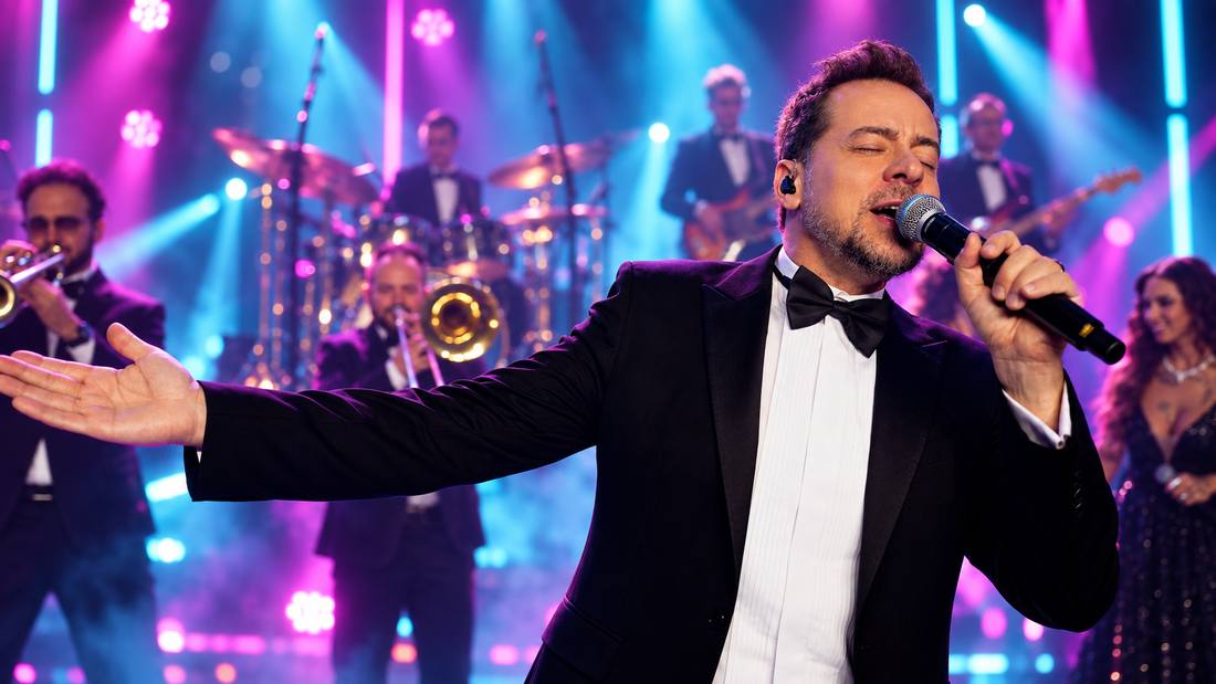 Rodrigo Falcão, vocalista da Banda Prime, de smoking cantando com os braços abertos à frente do naipe de metais
